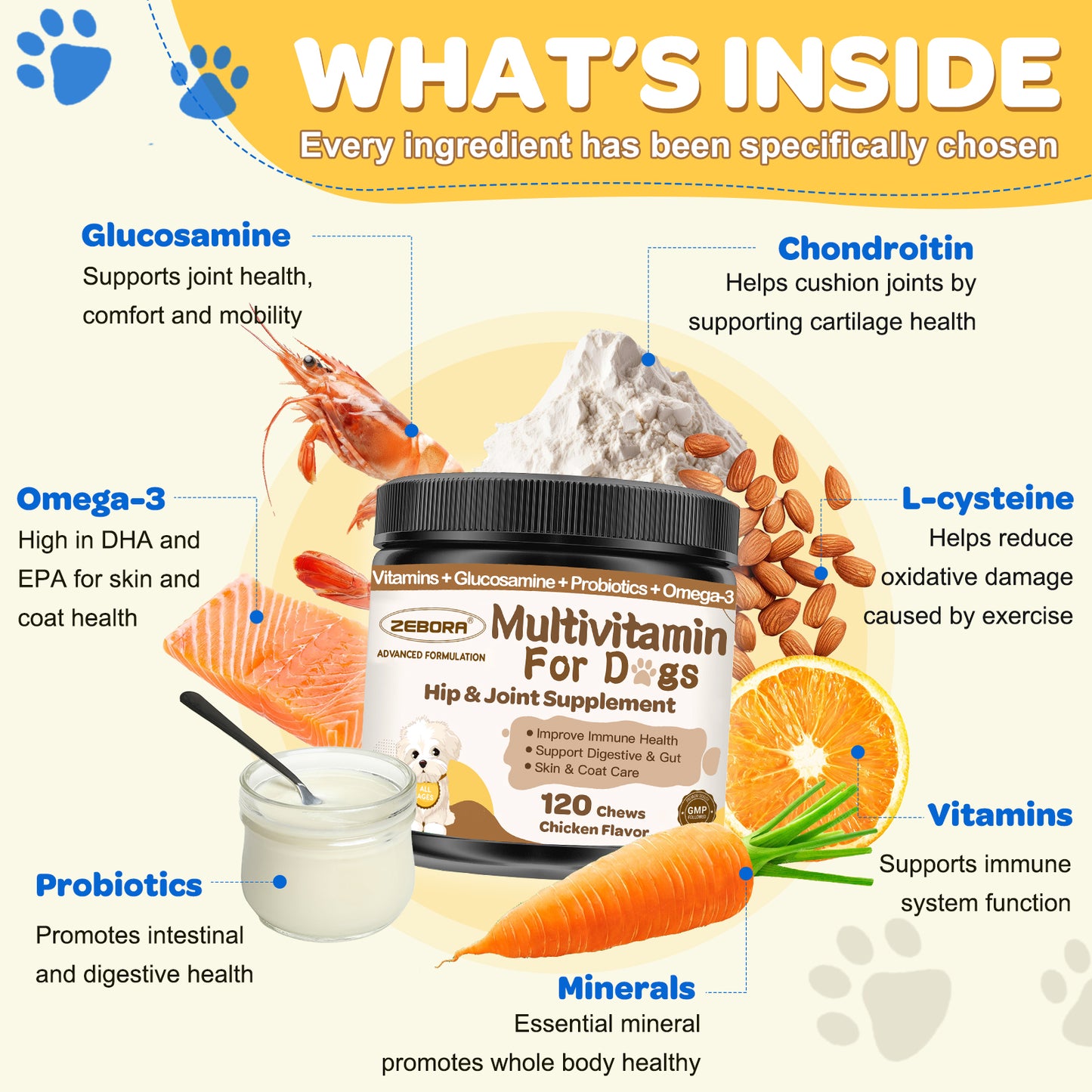 ZEBORA Dog Multivitamin with Probiotics – Supports digestion, immunity, joints, skin & coat. Contains glucosamine, omega 3, probiotics – 120 chews