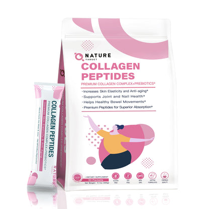 NATURE TARGET Multi Collagen Peptides (Types I, II, III, V, X), Hydrolyzed with Prebiotics, Sugar-Free, Supports Skin, Hair, Nail & Joint, Non-GMO - 30packets
