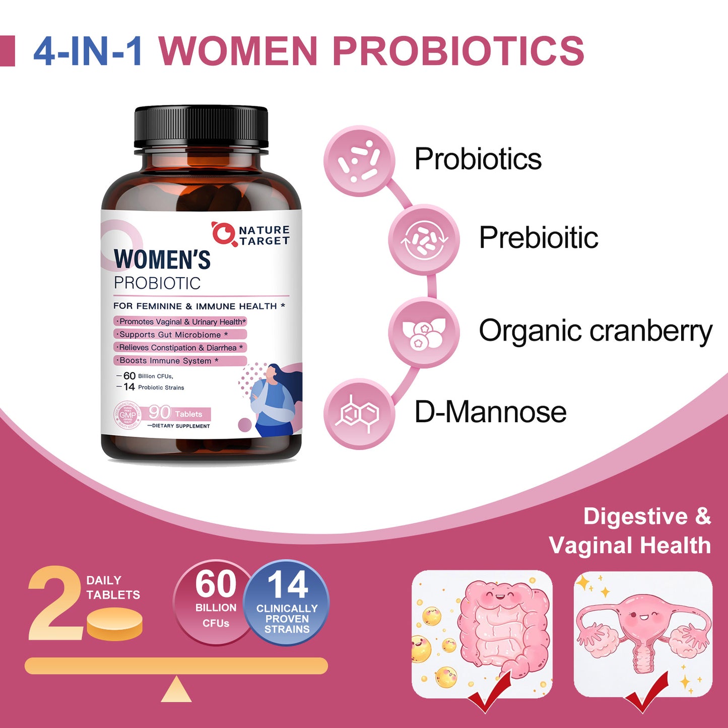 NATURE TARGET Women’s 60B CFUs Probiotic : 14 organic strains, cranberry, D-mannose, prebiotics – supports digestive, immune, women’s health - 90tabs