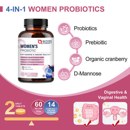 NATURE TARGET Women’s 60B CFUs Probiotic : 14 organic strains, cranberry, D-mannose, prebiotics – supports digestive, immune, women’s health - 90tabs