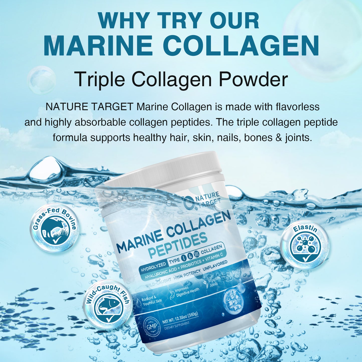 NATURE TARGET Marine Collagen Peptides Powder - Type I  III Collagen with Probiotics, Vitamin C & Hyaluronic Unflavored 35 Servings