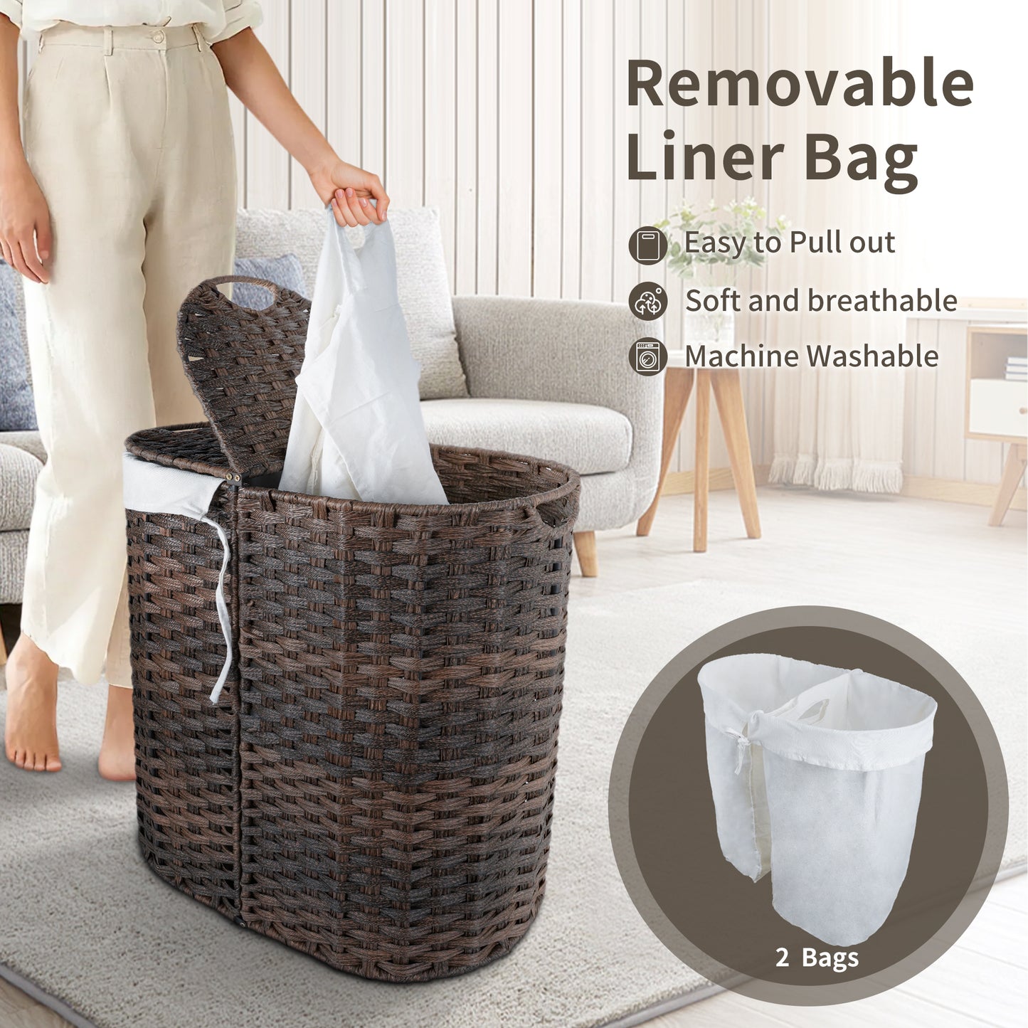 Woven Divided Laundry Hamper with Flip Lids and Removable Machine-Washable Liners - 2-Compartment Rattan-Style Basket for Bathroom, Bedroom, or Small Spaces