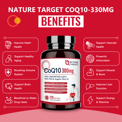 Nature Target CoQ10 300mg+PQQ, Olive Oil, High Absorption, Heart & Immune Support, Energy Production - 120 Servings