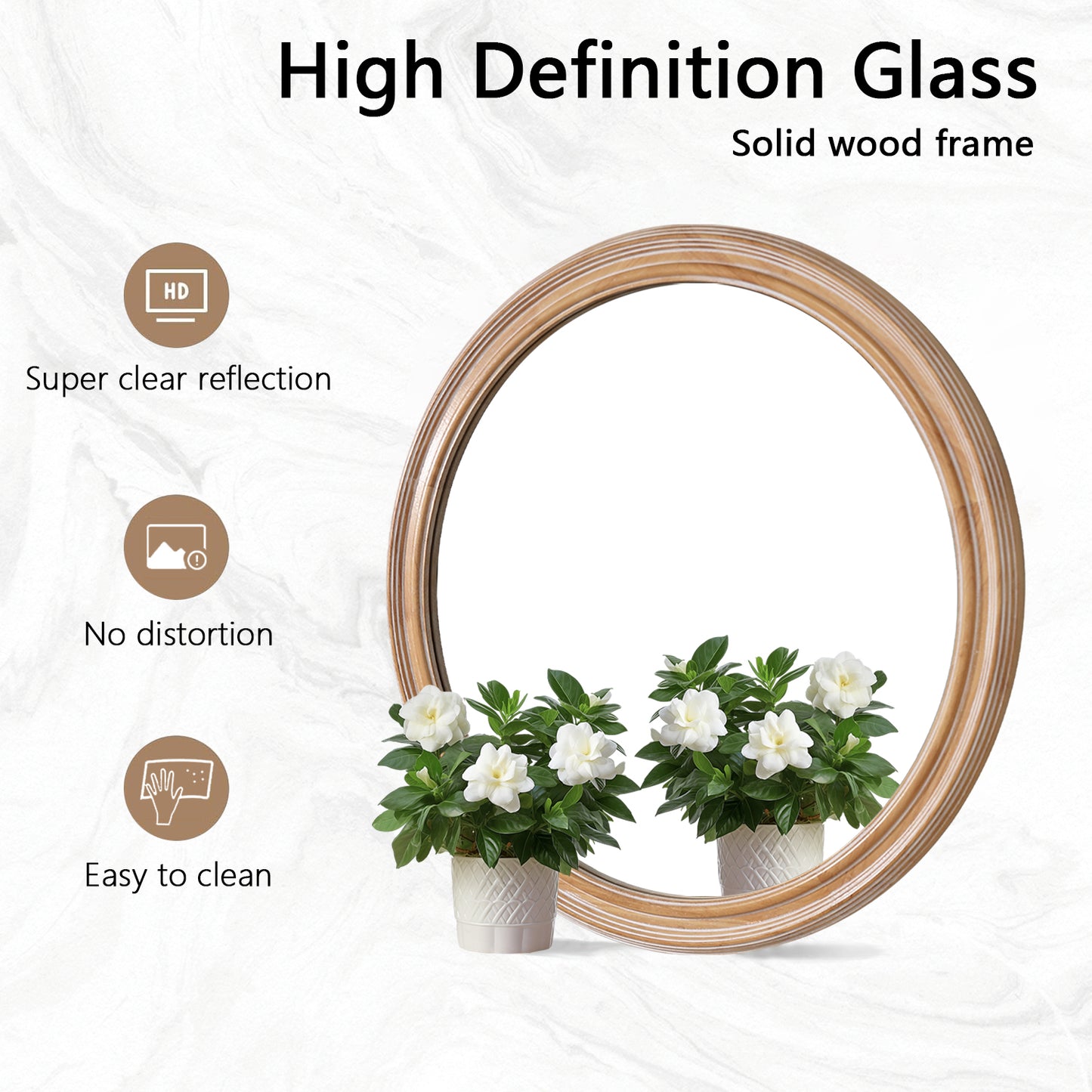 Round Wood Mirror with Ribbed Detail, Bedroom Decorative Circle Mirror Wall Decor - PAIHOME