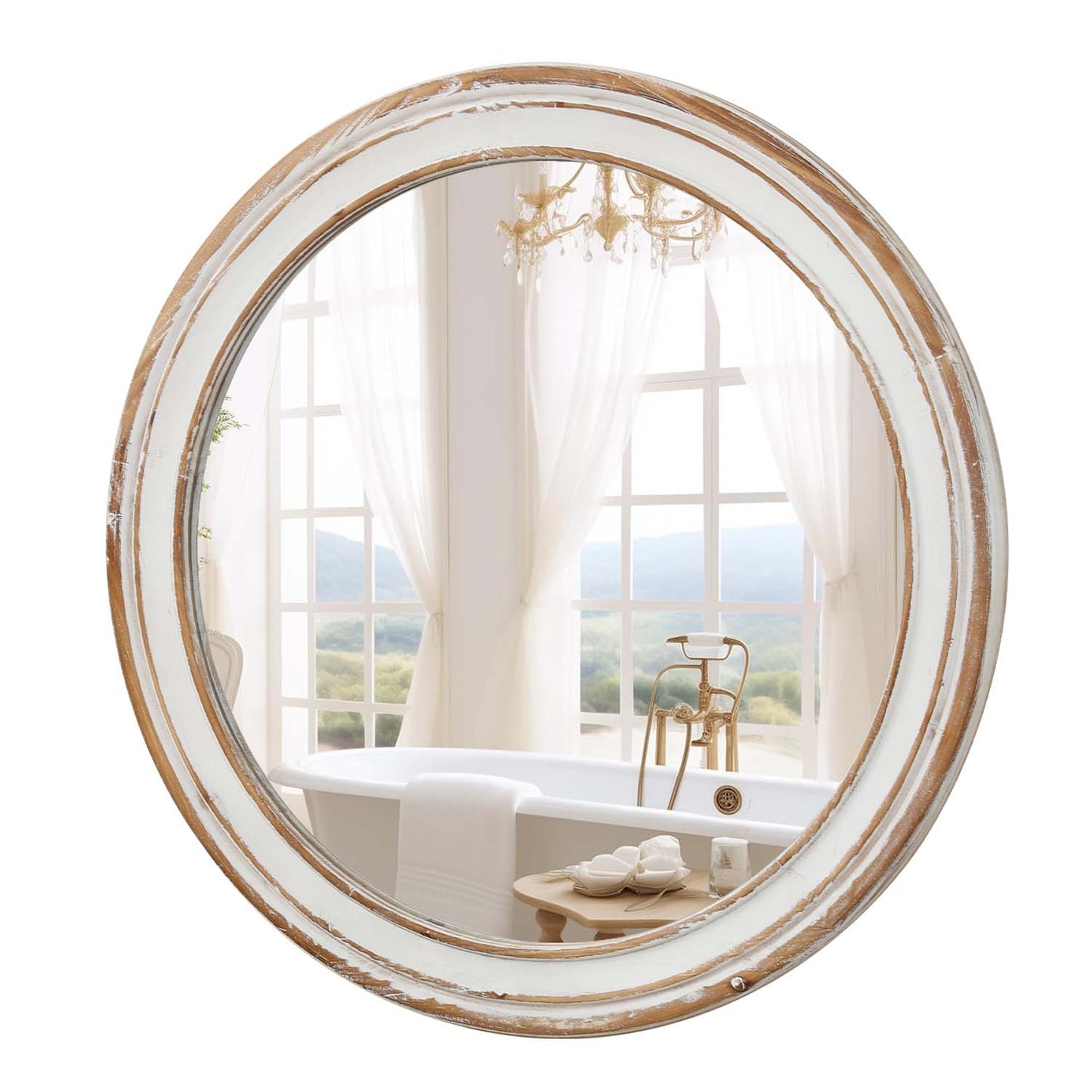 Round Wood Mirror with Ribbed Detail, Bedroom Decorative Circle Mirror Wall Decor - PAIHOME
