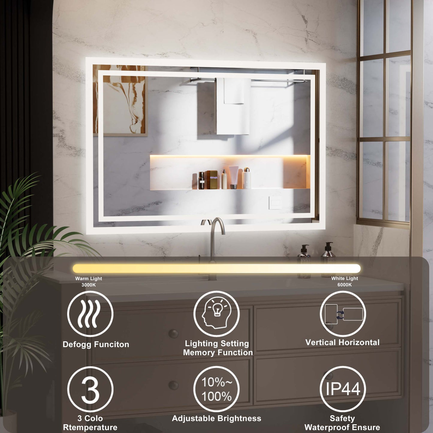 PAIHOME Backlit Bathroom Mirror with Anti-Fog - Dimmable Wall-Mounted Vanity Mirror with 3 Color Temperatures and Memory Function