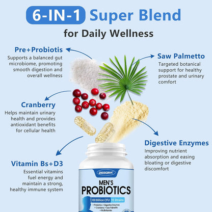 ZEBORA Probiotics for Men 100 Billion CFU - Probiotics & Prebiotics & Enzymes - 90 Veg Capsules