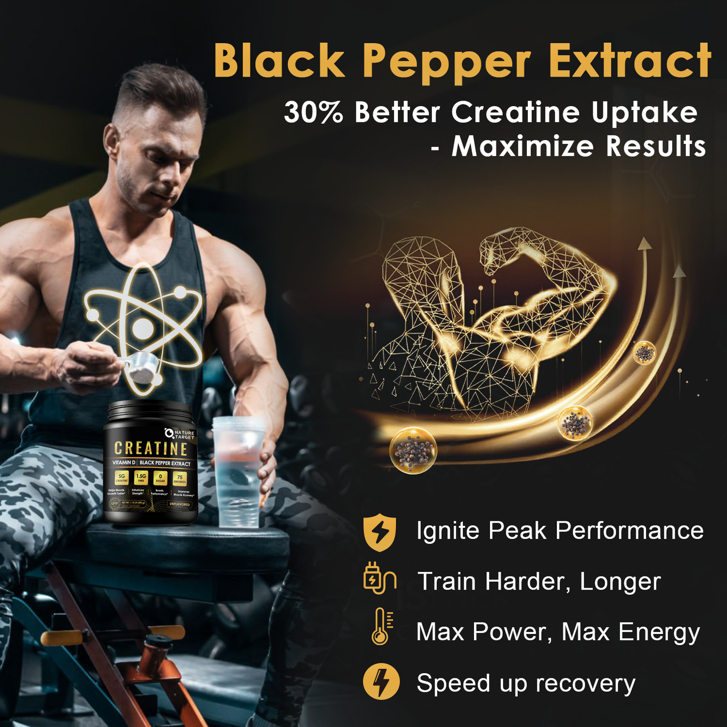 NATURE TARGET Micronized Creatine Monohydrate - 75 srv. For men & women. Boosts performance, strength, muscle growth, workout recovery. Pure, fast-dissolve