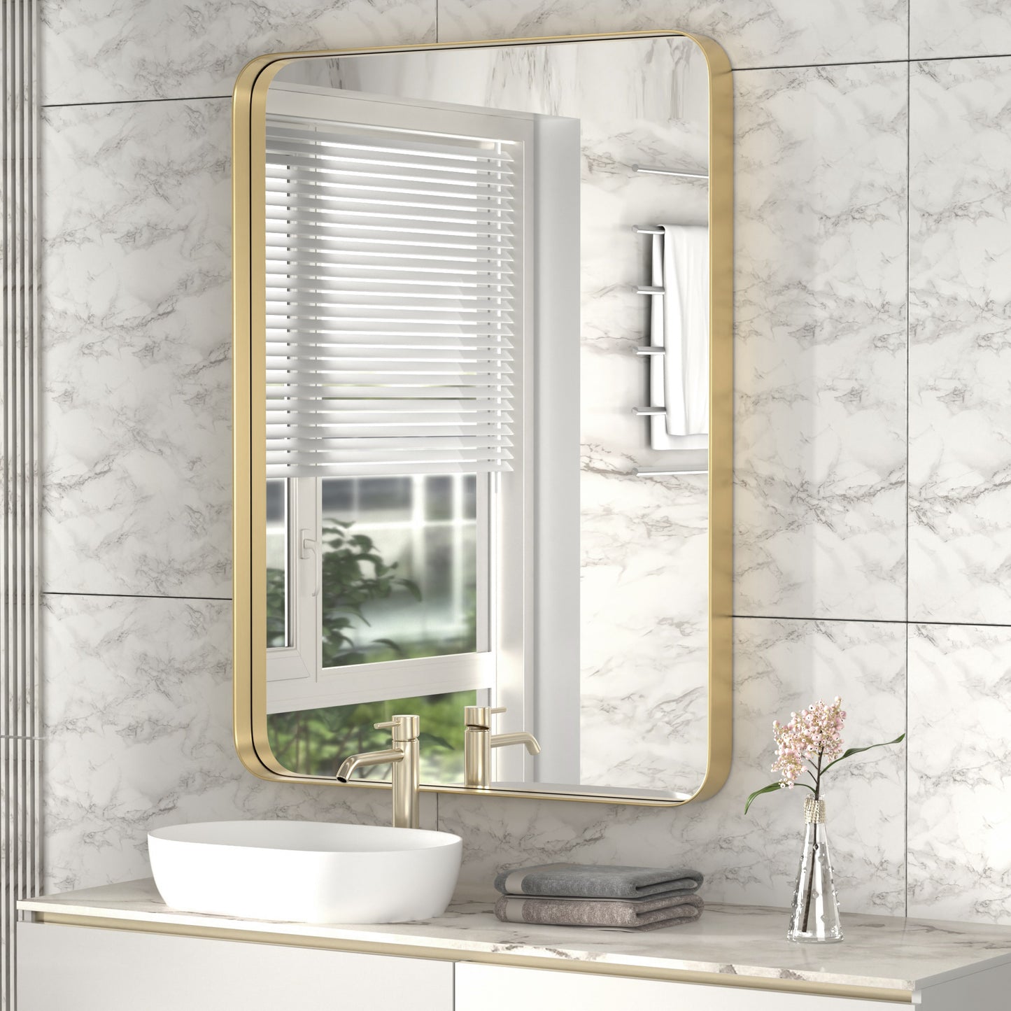 PAIHOME Rectangular Bathroom Mirrors with Rounded Corners, Modern Stainless Steel Frame Bedroom Mirrors for Wall, Distortion-Free Vanity Mirrors