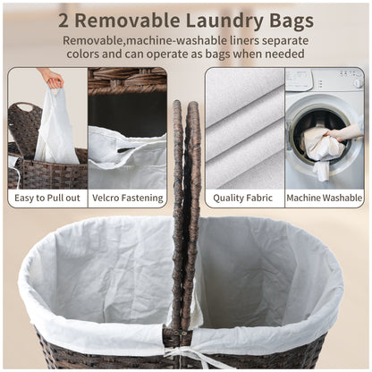 Woven Divided Laundry Hamper with Flip Lids and Removable Machine-Washable Liners - 2-Compartment Rattan-Style Basket for Bathroom, Bedroom, or Small Spaces