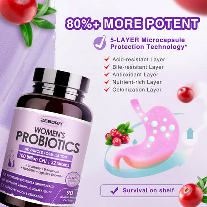 ZEBORA Women's  Probiotics  100 Billion CFUs  with Enzymes & Prebiotics Vaginal and D Mannose & Cranberry - 90 Capsules