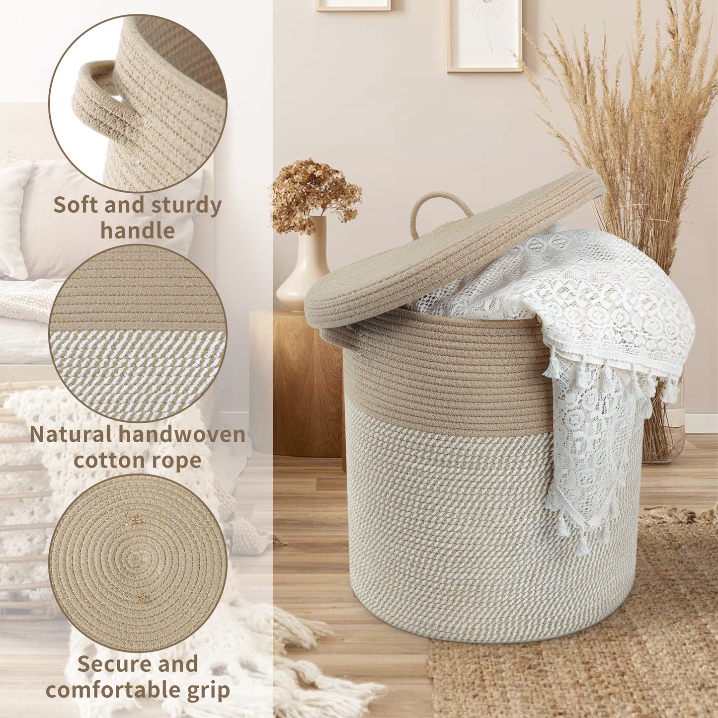 Woven Cotton Rope Storage Basket with Lid - Large Versatile Woven Hamper for Laundry, Blankets, Toys, and Home Organization