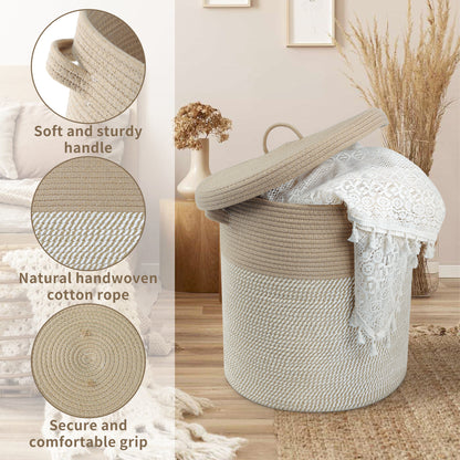 Woven Cotton Rope Storage Basket with Lid - Large Versatile Woven Hamper for Laundry, Blankets, Toys, and Home Organization