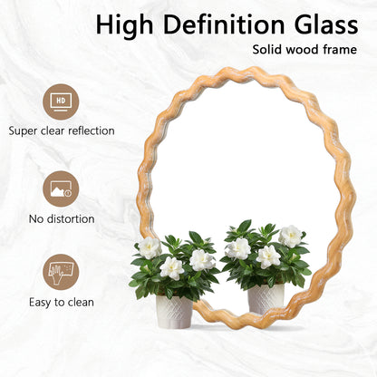27.5" Round Wavy Bathroom Wall Mirror with Whitewash Edge, Wooden Farmhouse Circle Vanity Mirror - PAIHOME