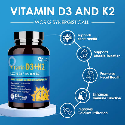 NATURE TARGET Vitamin D3 K2 with Ca & Mg & Omega-3s- 6-in-1 Complex - 5000 IU Vitamin D3, 120 mcg K2, Max Strength Bone,Heart,Immune - 120 Servings