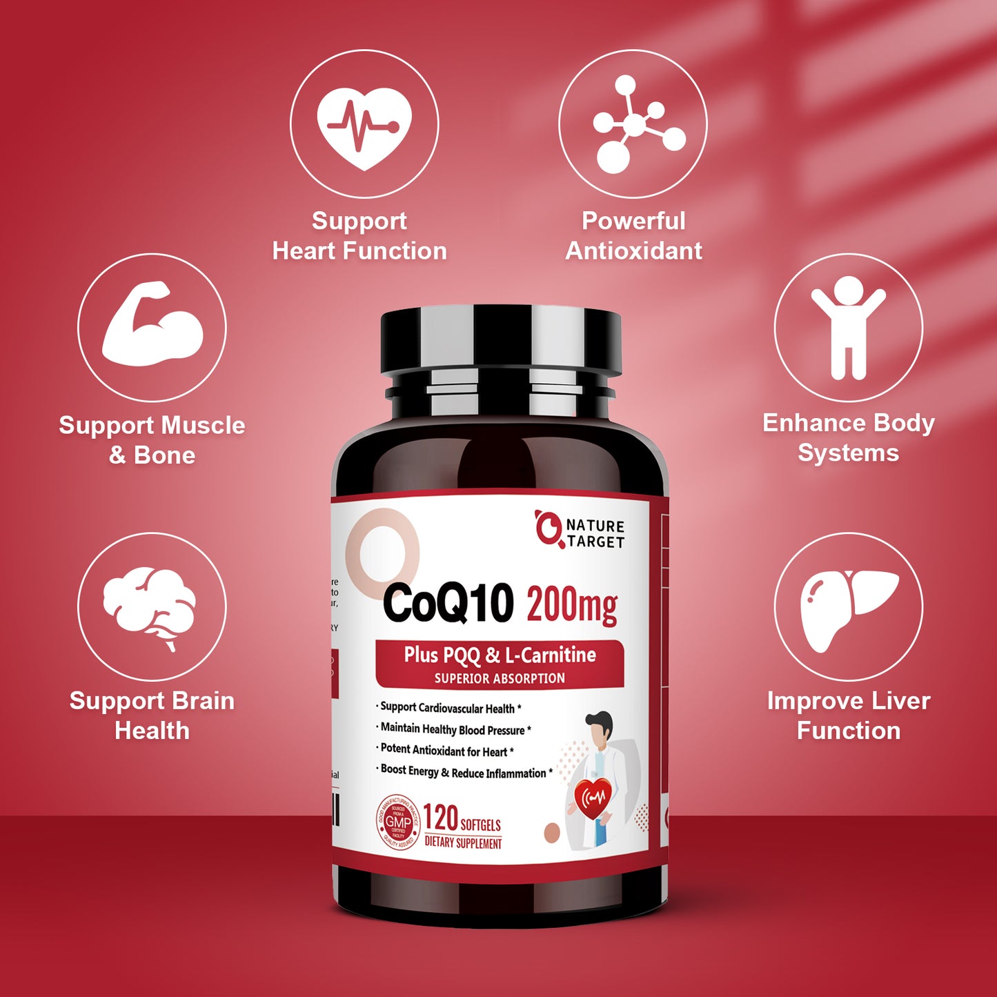 Nature Target CoQ10-200mg softgels +PQQ+L-Carnitine+Omega-3s, High Absorption with BioPerine, Supports Heart, Immune & Energy - 120 Servings