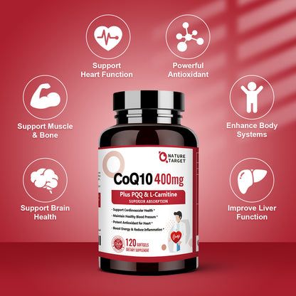 Nature Target CoQ10-400mg softgels+PQQ+Omega-3s+L-Carnitine+BioPerine, High Absorption, Heart/Brain/Immune/Energy-120 Servings