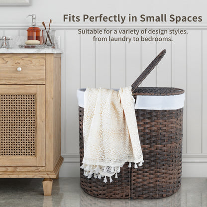 Woven Divided Laundry Hamper with Flip Lids and Removable Machine-Washable Liners - 2-Compartment Rattan-Style Basket for Bathroom, Bedroom, or Small Spaces
