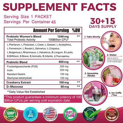 ZEBORA Probiotics for Women, 100B CFUs with Prebiotics, D-Mannose & Cranberry, Supports Digestive, Immune & Feminine UT Health - 45 Packets