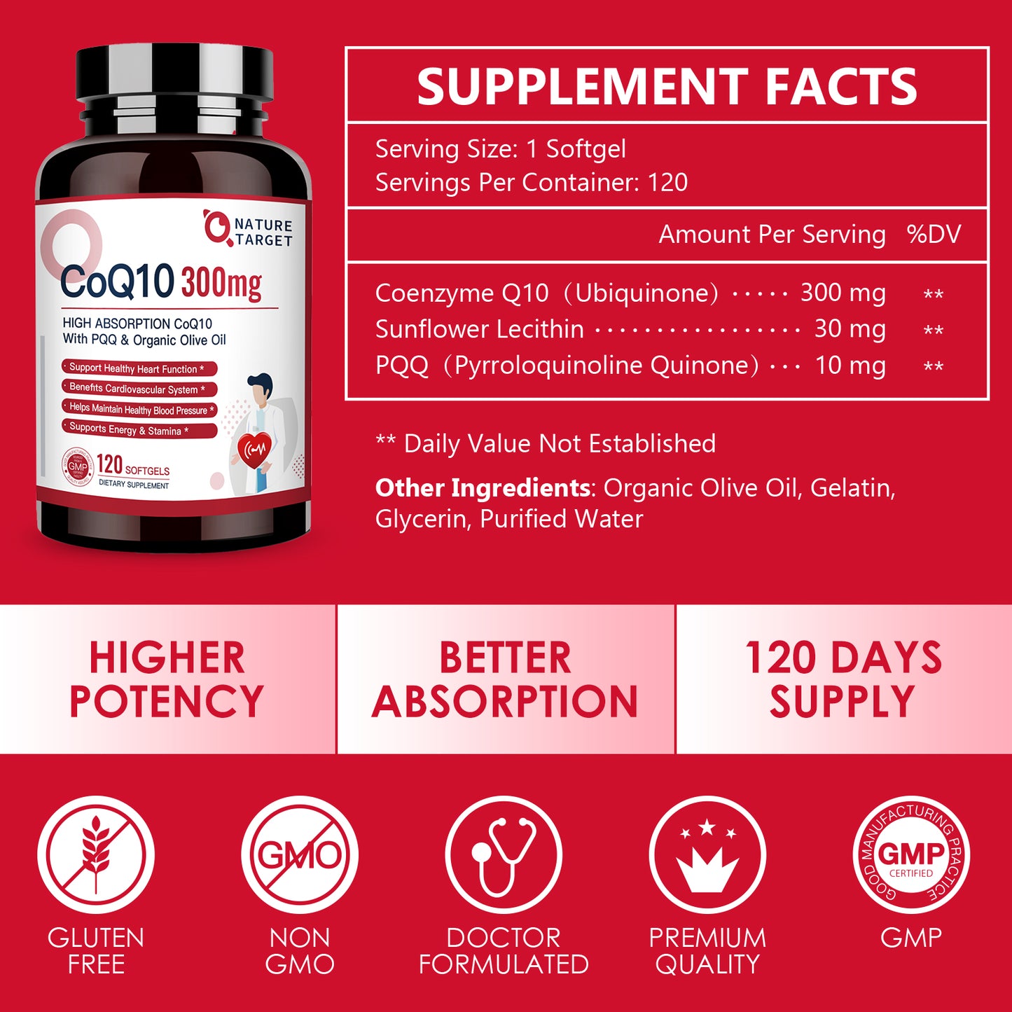 Nature Target CoQ10 300mg+PQQ, Olive Oil, High Absorption, Heart & Immune Support, Energy Production - 120 Servings