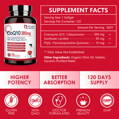 Nature Target CoQ10 300mg+PQQ, Olive Oil, High Absorption, Heart & Immune Support, Energy Production - 120 Servings