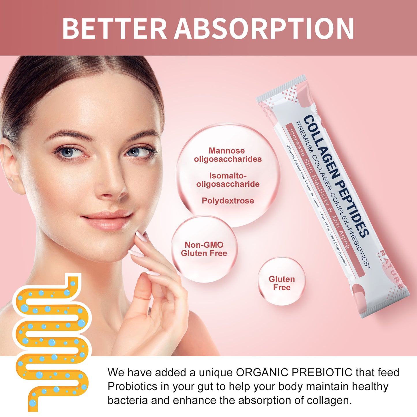 NATURE TARGET Multi Collagen Peptides (Types I, II, III, V, X), Hydrolyzed with Prebiotics, Sugar-Free, Supports Skin, Hair, Nail & Joint, Non-GMO - 30packets