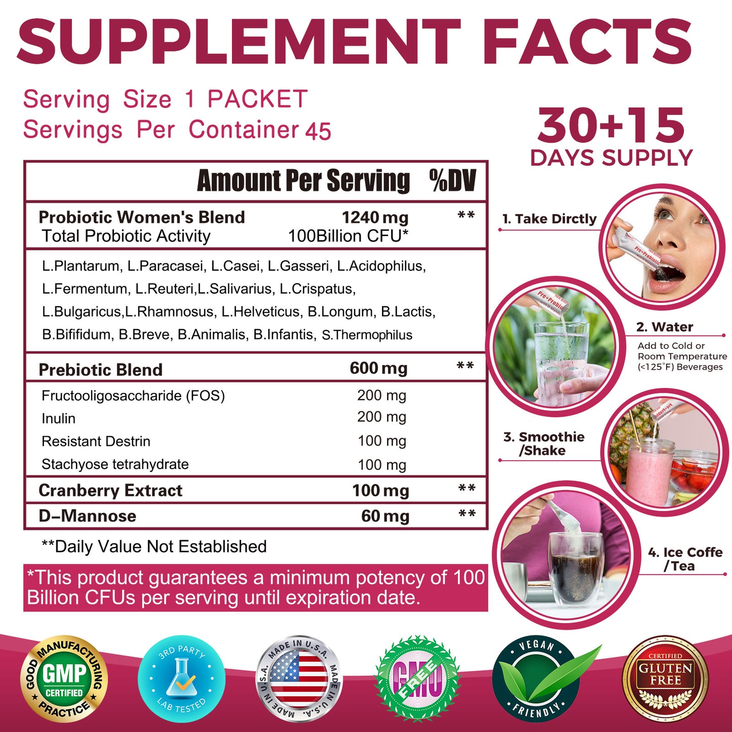 ZEBORA Women's Probiotic 100 Billion CFUs with Prebiotics, D-Mannose & Cranberry - 45 Packets