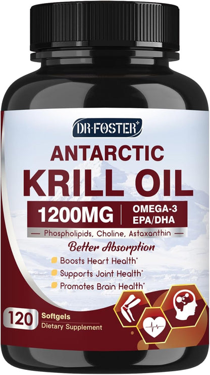 Krill Oil 1200mg, Antarctic Krill Oil Omega 3 Supplement with EPA, DHA，Astaxanthin & Phospholipids for Heart & Brain & Joint Health, No Fishy Aftertaste,120 Softgels (60 Servings)
