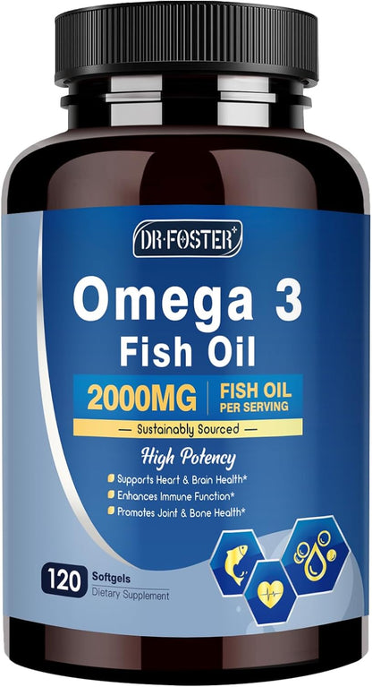 Advanced Omega-3 Fish Oil 2000mg – High Potency with DHA, EPA, ALA – Supports Heart, Brain, Joint & Immune Health – Enriched with Vitamin D3 & E for Antioxidant Protection – 120 Softgels