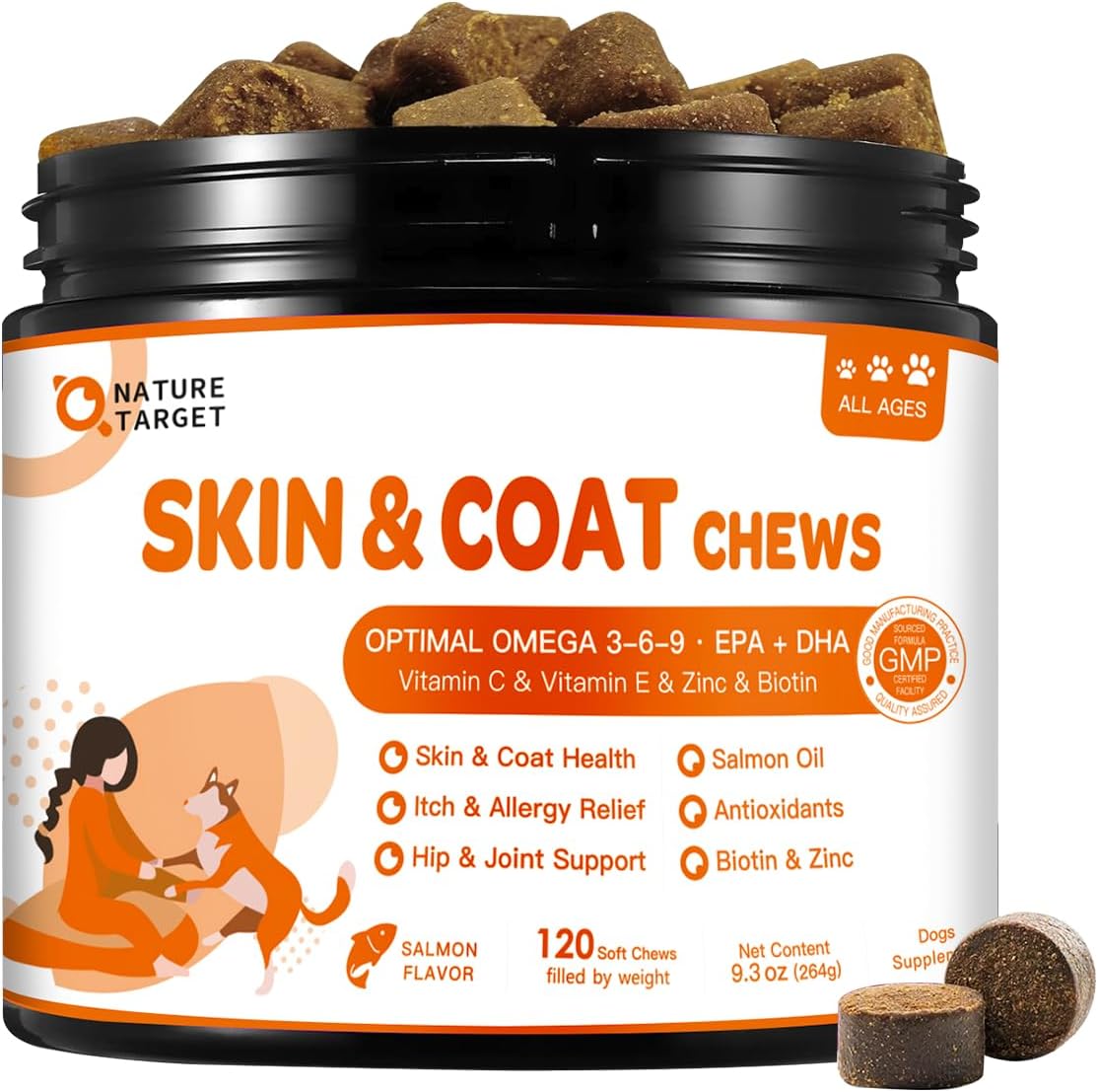NATURE TARGET Dog Omega-3: 120 chews with omega 3-6-9 (EPA/DHA), zinc, biotin & vitamins E&C. Soothes itchy skin, supports coat & joints.