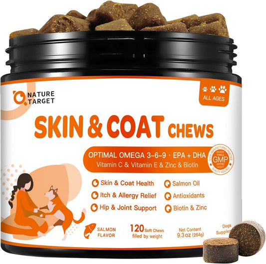 NATURE TARGET Dog Omega-3: 120 chews with omega 3-6-9 (EPA/DHA), zinc, biotin & vitamins E&C. Soothes itchy skin, supports coat & joints.