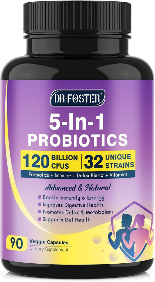 DRFOSTER Probiotics (Women/Men): 120B CFUs, pre/probiotics, D3, Zinc, herbs. Gut health, immunity, detox cleanse - 120 softgels