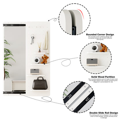 Sliding Door Full-Length Mirror with Pegboard Hooks, Multifunctional Wall-Mounted Organizer Mirror - PAIHOME