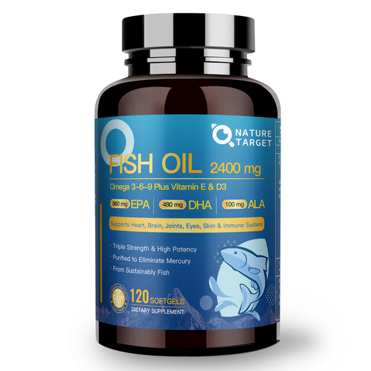 NATURE TARGET Fish Oil 2400mg Triple Omega 3 -6 - 9 with Vitamin D3 & E - EPA & DHA & ALA -120 Softgels