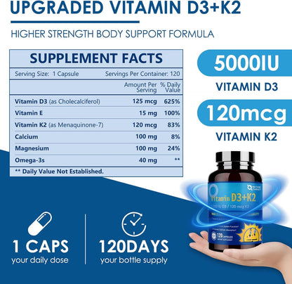 NATURE TARGET Vitamin D3 K2 with Ca & Mg & Omega-3s- 6-in-1 Complex - 5000 IU Vitamin D3, 120 mcg K2, Max Strength Bone,Heart,Immune - 120 Servings