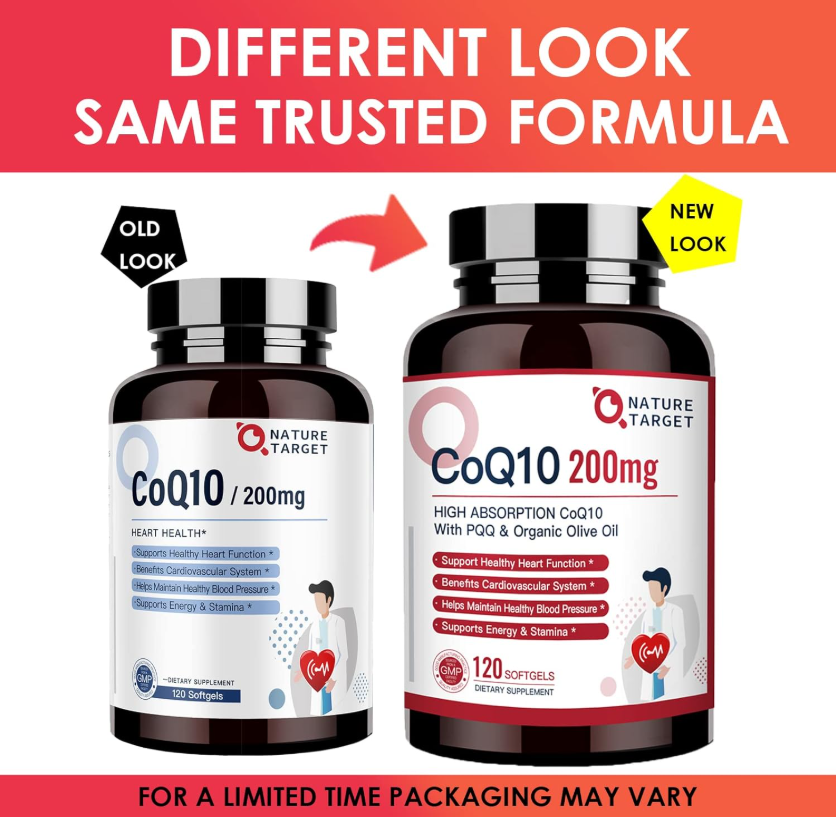 Nature Target CoQ10-200mg+PQQ Softgels, Olive Oil, High Absorption, Antioxidant for Heart Health , Immune & Energy - 120 Servings