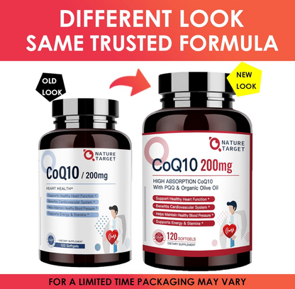 Nature Target CoQ10-200mg+PQQ Softgels, Olive Oil, High Absorption, Antioxidant for Heart Health , Immune & Energy - 120 Servings