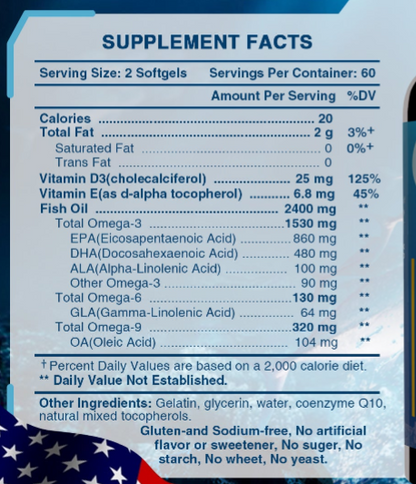 NATURE TARGET Fish Oil 2400mg Triple Omega 3 -6 - 9 with Vitamin D3 & E - EPA & DHA & ALA -120 Softgels