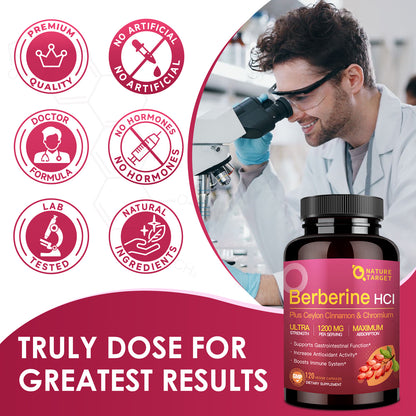 NATURE TARGET Berberine HCl 1200mg: + Ceylon Cinnamon, Chromium – Supports Immune, GI & Digest Hlth, Non-GMO – 120 Caps
