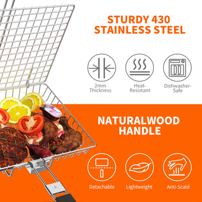 PAIHOME Stainless Steel BBQ Grill Basket with Cleaning Brush, Locking Non-Stick Grilling Tool for Ingredients, Outdoor Barbecue Accessories