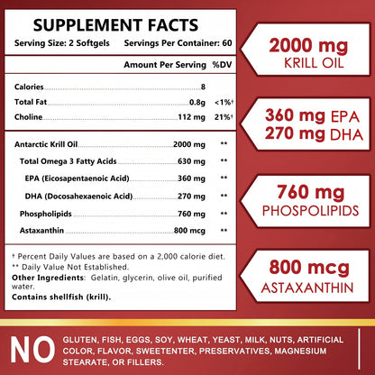 NATURE TARGET Krill Oil 2000 mg with Omega-3 EPA & DHA with Astaxanthin Supplement, Choline - 120 Softgels (60 Servings)