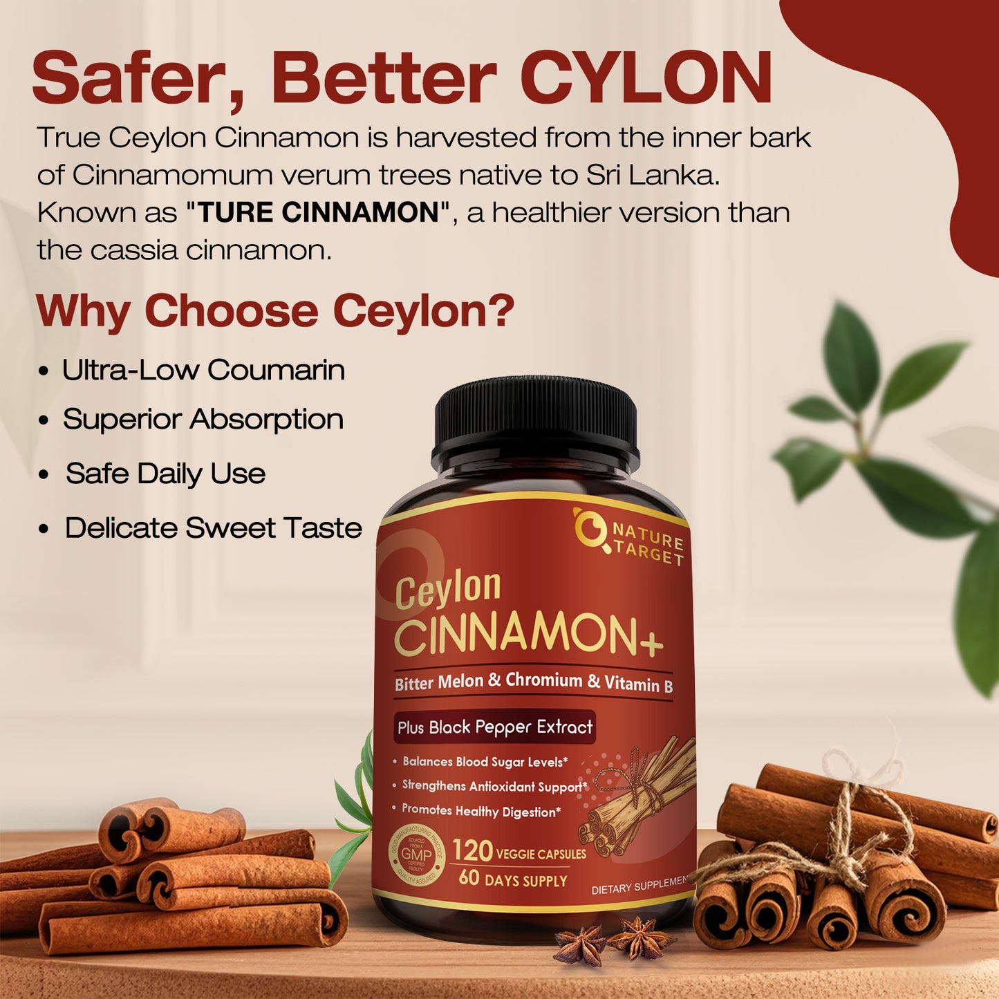 NATURE TARGET Ceylon Cinnamon Supplements Plus Chromium, Bitter Melon, Vegetarian - 120 Capsules