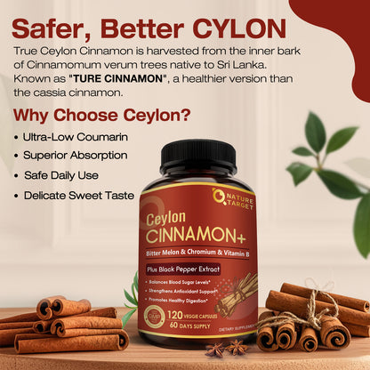 NATURE TARGET Ceylon Cinnamon Supplements Plus Chromium, Bitter Melon, Vegetarian - 120 Capsules