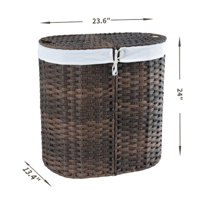 Woven Divided Laundry Hamper with Flip Lids and Removable Machine-Washable Liners - 2-Compartment Rattan-Style Basket for Bathroom, Bedroom, or Small Spaces