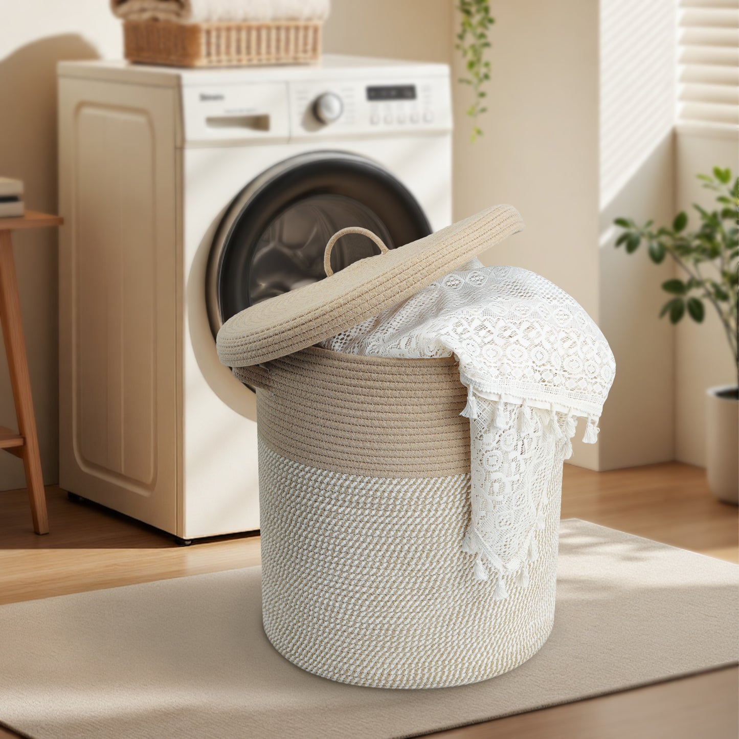 Woven Cotton Rope Storage Basket with Lid - Large Versatile Woven Hamper for Laundry, Blankets, Toys, and Home Organization