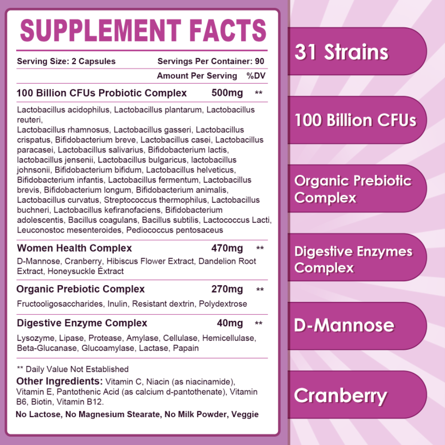 Nature Target Women’s Digestive Health Probiotics, 100 Billion CFUs+31 strains of probiotics - 180ct