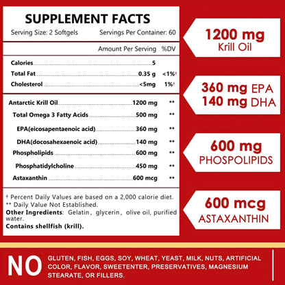 NATURE TARGET Krill Oil 1200mg – Heart/Brain/Joint Health – Omega-3 EPA/DHA, Phospholipids, Astaxanthin, Choline – 120 Softgels/60 Servings