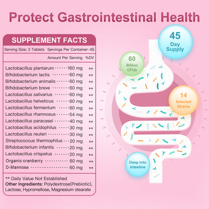 NATURE TARGET Women’s 60B CFUs Probiotic : 14 organic strains, cranberry, D-mannose, prebiotics – supports digestive, immune, women’s health - 90tabs