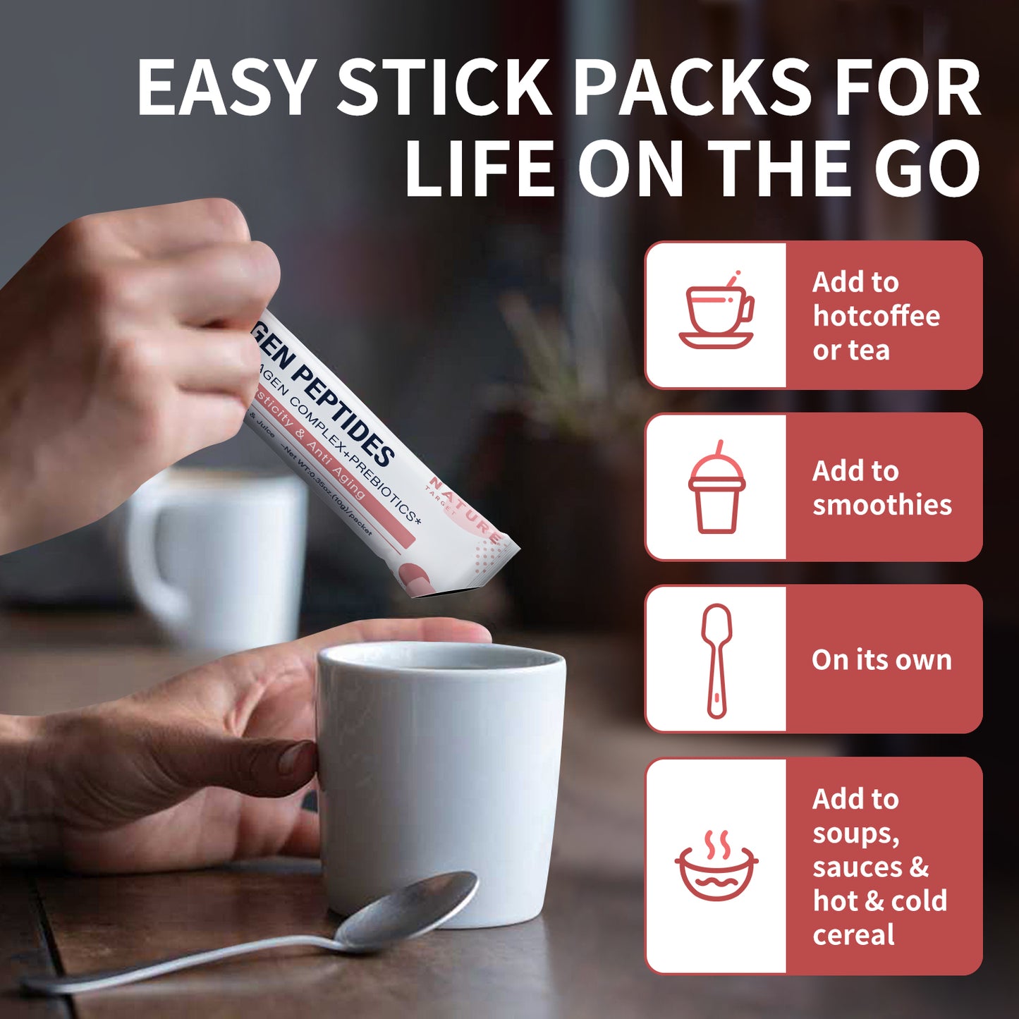 NATURE TARGET Multi Collagen Peptides Powder - Type I, II, III, V, X -  Hydrolyzed Collagen Peptides with Prebiotics - 30  packets