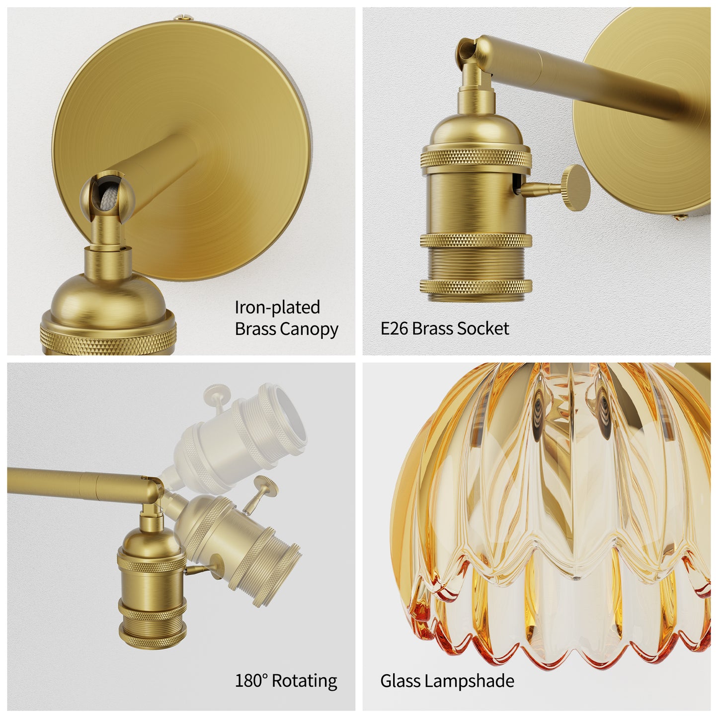 Gold Brass Wall Sconce with Rotating Steel Arm, Remote Control Wall Light, Tulip High-Transmittance Glass Shade for Bedroom